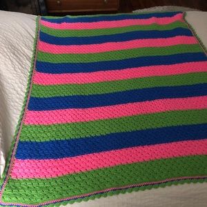 Crocheted Blanket Handmade Vintage Colorful Stripes Pink Green Blue 54x74